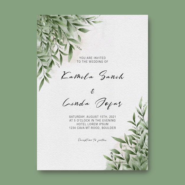 Wedding invitation templates and watercolor style leaf frames