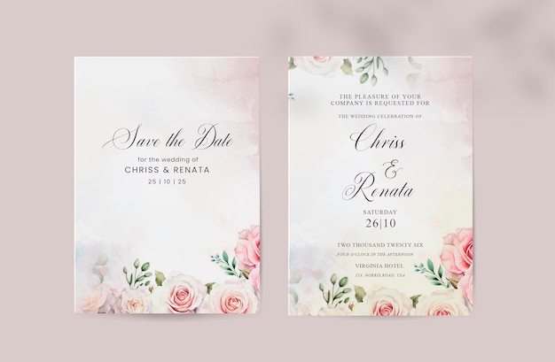 結婚式の招待状とバラの花の結婚式のテンプレート