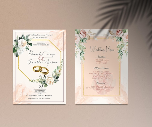 A wedding invitation for a wedding with a gold ring on it.