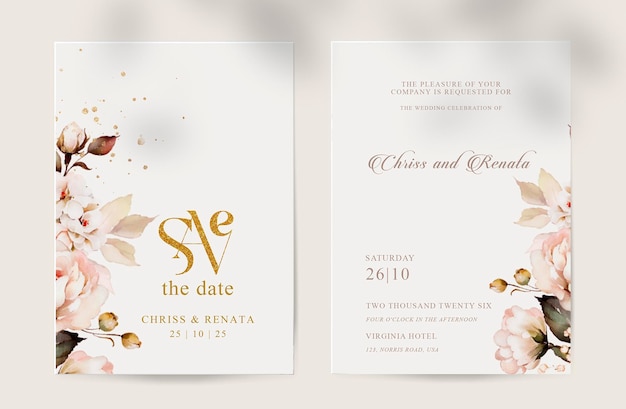 Wedding invitation with beauty browns roses floral garden watercolors hycint