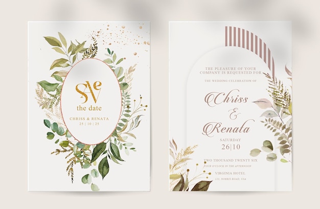 PSD wedding invitation with beauty greenery botanical watercolors