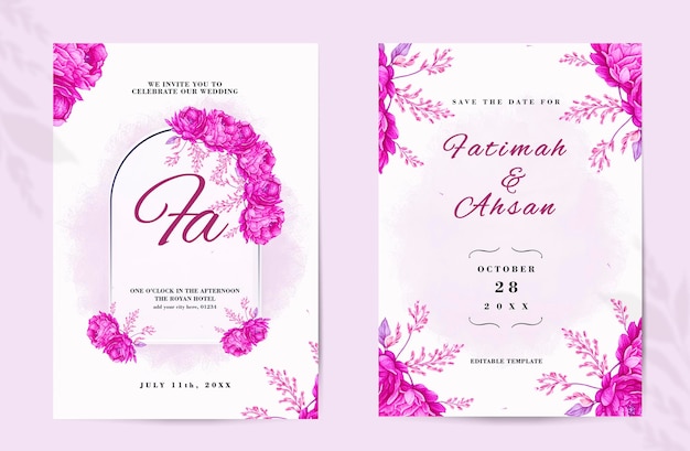 Wedding invitation with boho watercolor pink flowers