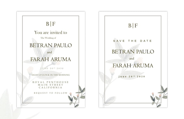 PSD wedding invitation with flowers and gold geometric line design psd