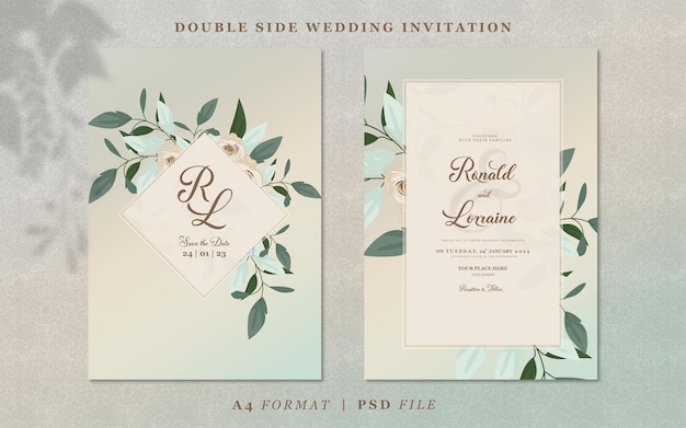 Wedding invitation with flowers and leaves on green and brown gradient background