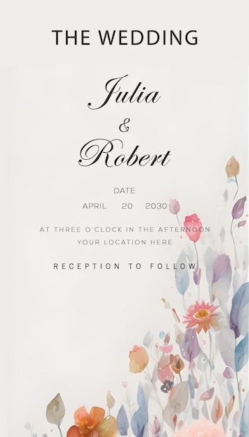 A wedding invitation with flowers and leaves on it