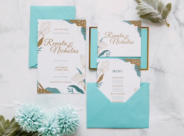 PSD wedding invitation with flowers and leaves