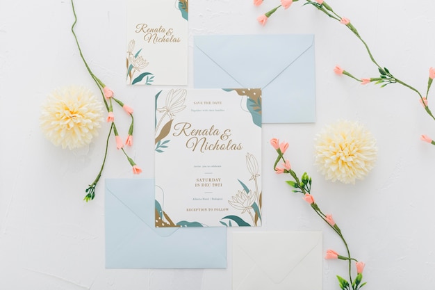 PSD wedding invitation with flowers mock-up