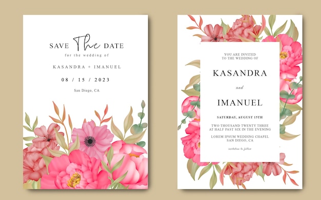 PSD wedding invitation with flowers in watercolor painting