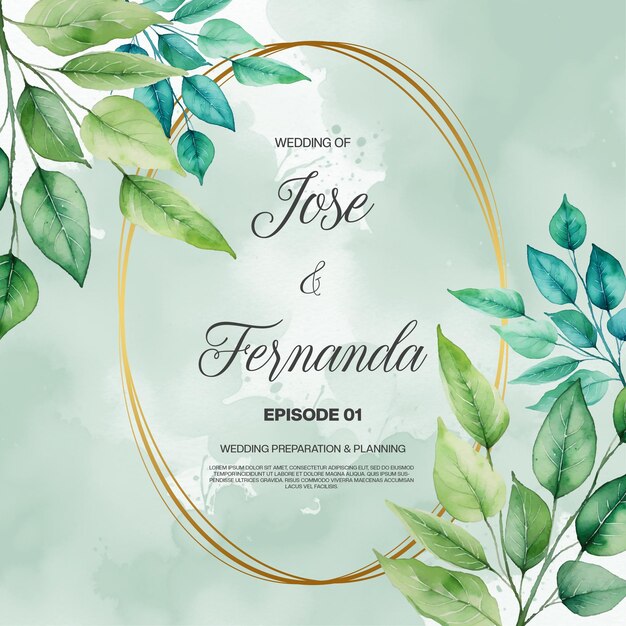 PSD wedding invitation with green leaves and gold frame