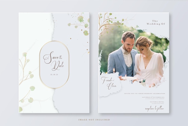 PSD a wedding invitation with a photo of a couple in a garden.