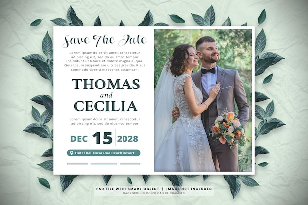 PSD wedding invitation with photo and foliage template design mockup