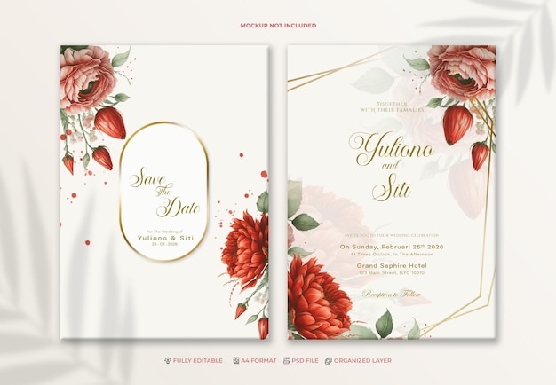 A wedding invitation with red flowers