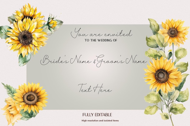 PSD a wedding invitation with sunflowers on it and text here in the background.