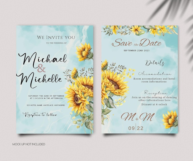 PSD wedding invitation with sunflowers and ivy template simple wedding invites