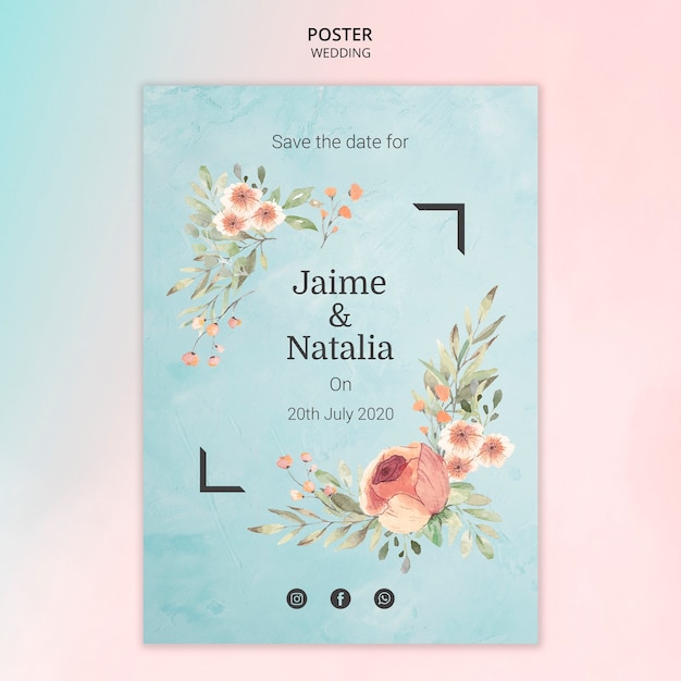 PSD wedding invitation with watercolor flowers