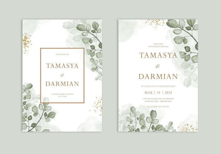 Wedding invitations template with green leaves