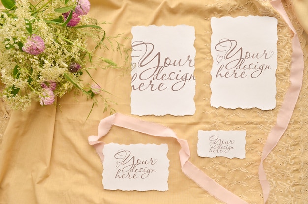 Wedding invite cards set. flowers and ribbon mockup template  collage.