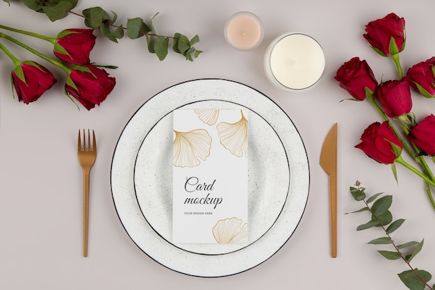 PSD wedding menu and flowers flat lay