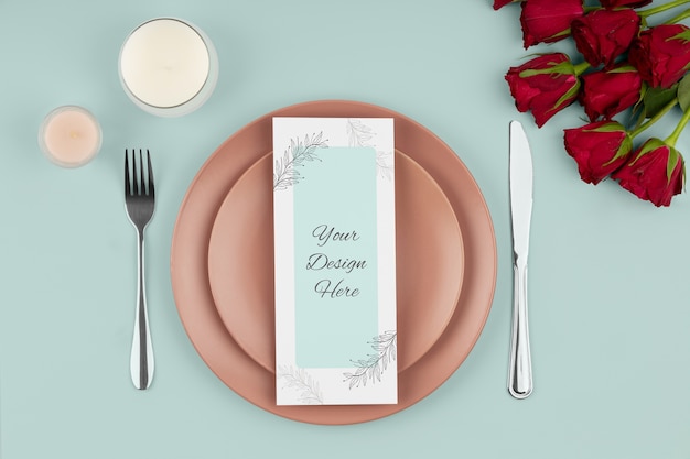 PSD wedding menu on plate above view