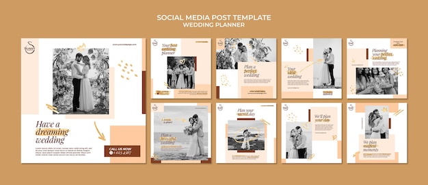 PSD wedding planner instagram posts collection with golden pen marks
