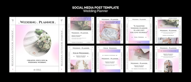 PSD wedding planner instagram posts collection with gradient pastel colors