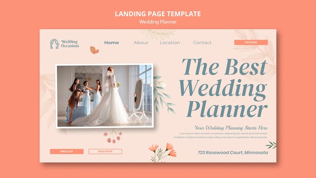 PSD Шаблон целевой страницы свадебного планировщика с акварельным цветочным дизайном
