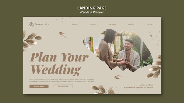 PSD wedding planner landing page template with watercolor leaves