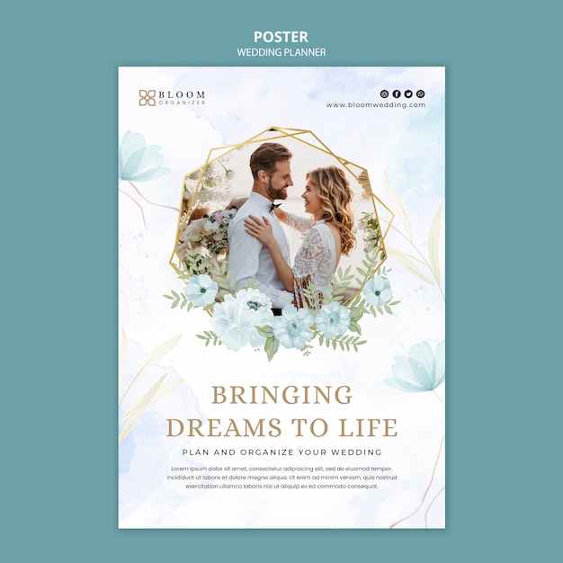 PSD Свадебный планировщик вертикальный шаблон плаката с акварельным цветочным дизайном