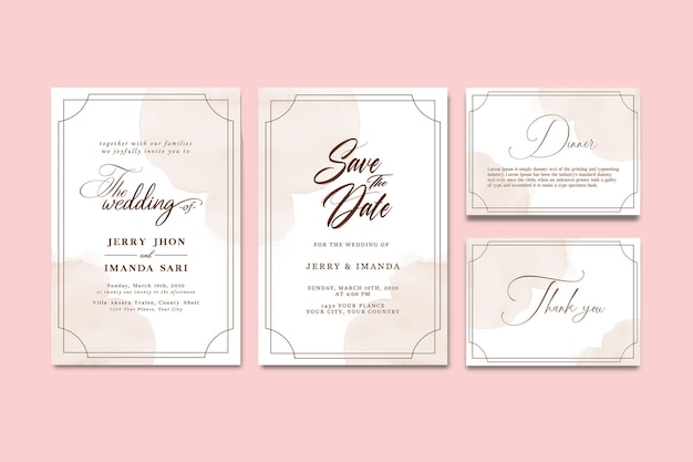 Wedding set with abstract watercolor background psd