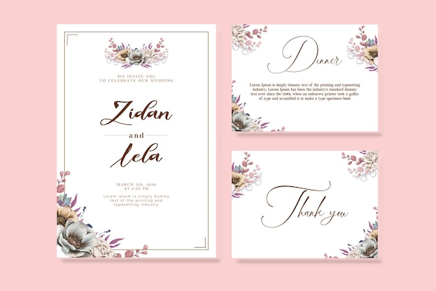 Wedding set with abstract watercolor background psd