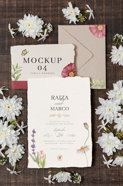 PSD mockup di natura morta di matrimonio con design di invito