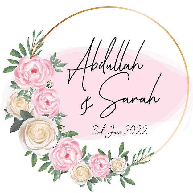 PSD wedding tag round with pink flowers