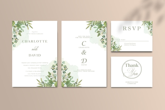 PSD invito floreale di vettore di nozze grazie rsvp card acquerello design set psd