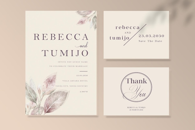 Wedding watter color floral invitation thank you rsvp card watercolor design set psd