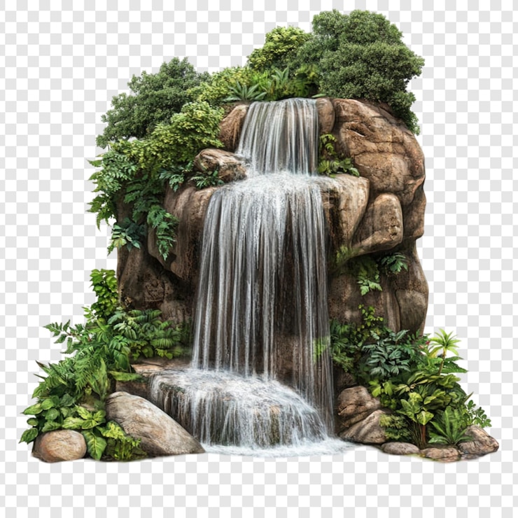 PSD weelderig groen omringt een waterval die over rotsen stroomt en een serene natuurscène creëert die perfect is voor ontspanning en rust.