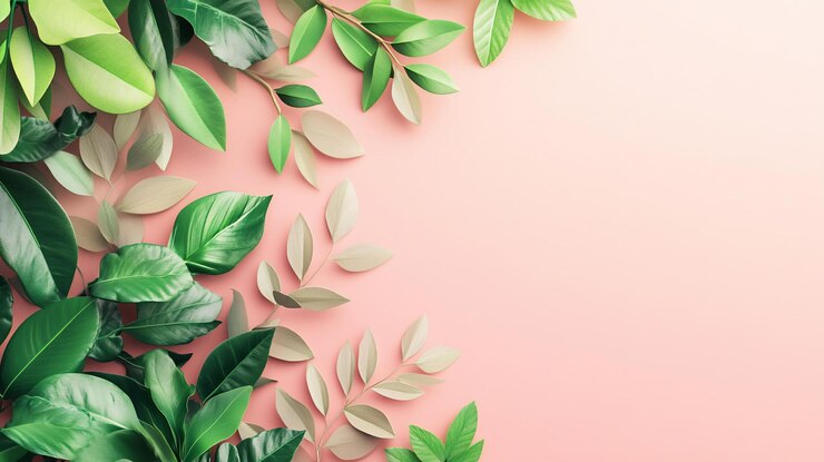 PSD weelderige groene en beige bladeren op een roze achtergrond, waardoor er genoeg kopieerruimte overblijft