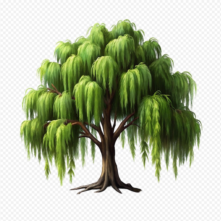 PSD weeping willow tree detailed botanical illustration long drooping branches lush green