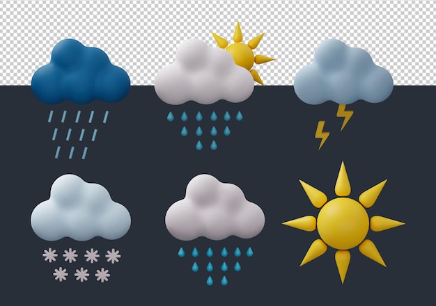 Weerillustratiescollectie met regenachtige besneeuwde onweerswolken en zon 3D-weerillustratiescollectie