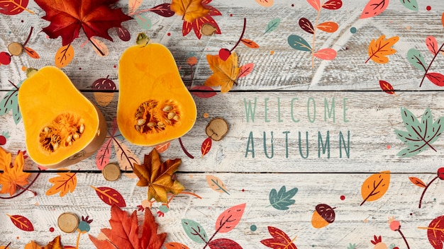 PSD welcome autumn with halves of  squash pumpkins