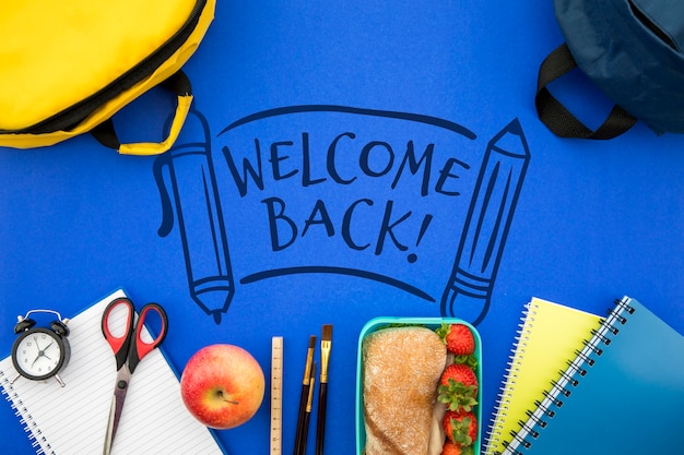 Welcome back to school, backpack with student supplies