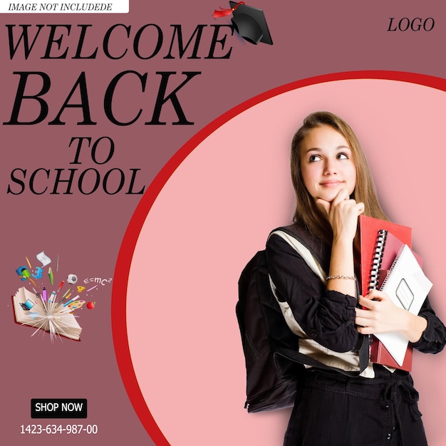PSD welcome back to school with girl a lot of books poster and banner