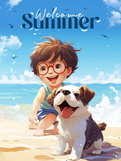 PSD Добро пожаловать летом малыш и собака наслаждаются на пляже в очках шаблон баннера в социальных сетях