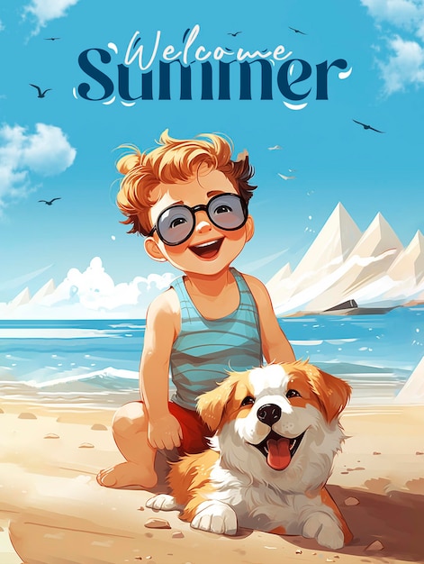 PSD benvenuto estate bambino e cane che si divertono sulla spiaggia con gli occhiali modello di banner sui social media