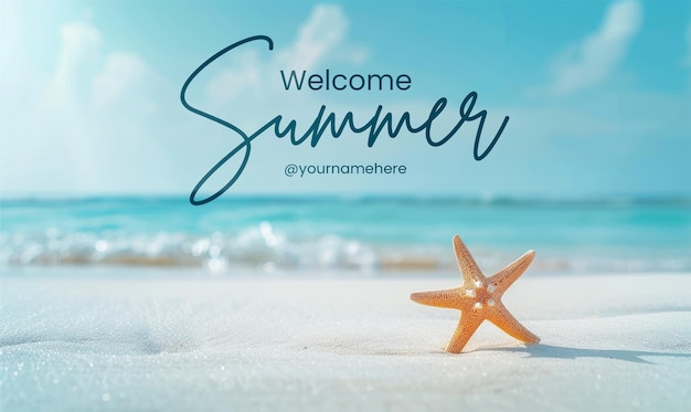 PSD Приветственный летний баннер шаблон seashell starfish на песчаном пляже спокойный голубой летний отпуск