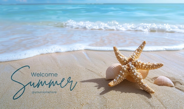 PSD welcome summer banner template seashell starfish on sandy beach tranquil blue summer vacation