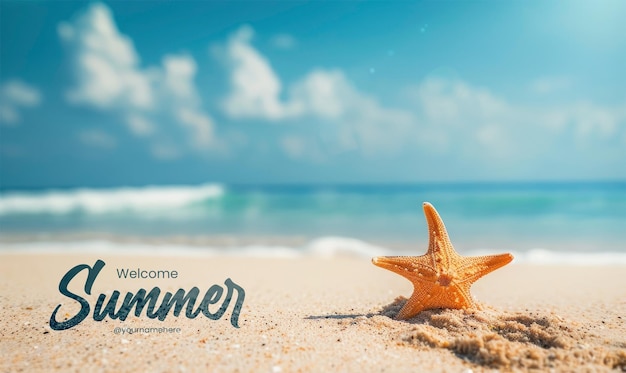 PSD welcome summer banner template seashell starfish on sandy beach tranquil blue summer vacation