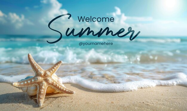 PSD welcome summer banner template seashell starfish on sandy beach tranquil blue summer vacation