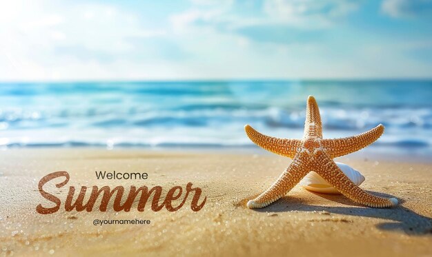 PSD welcome summer banner template seashell starfish on sandy beach tranquil blue summer vacation