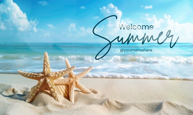 PSD modello di banner estivo di benvenuto seashell starfish on sandy beach tranquil blue summer vacation