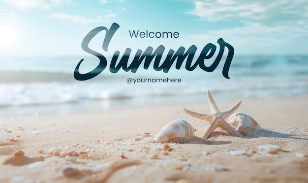 Welcome summer banner template seashell starfish on sandy beach tranquil blue summer vacation